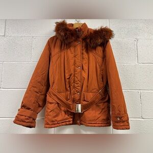 FEYEM Made In Italy Burnt Orange Rust Zip Up Buckle Coat Women’s Size Medium